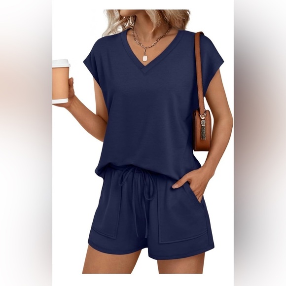 None Pants - 🆕Casual V-Neck Drawstring Short Set